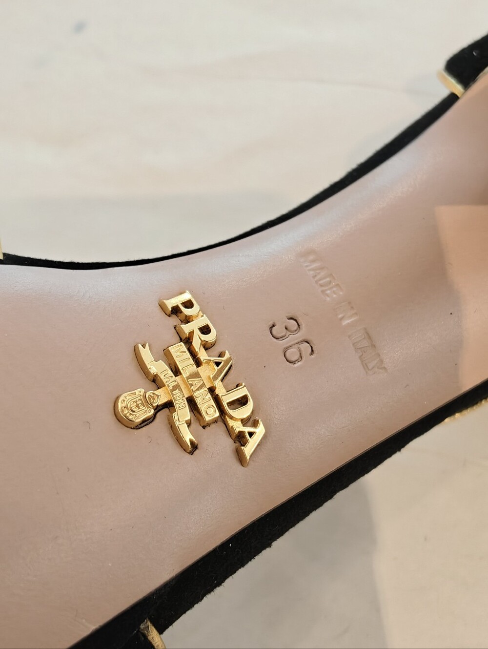 Prada Black/Gold Suede And Leather Open Toe Ankle Strap Platform Sandals - Picture 11 of 11